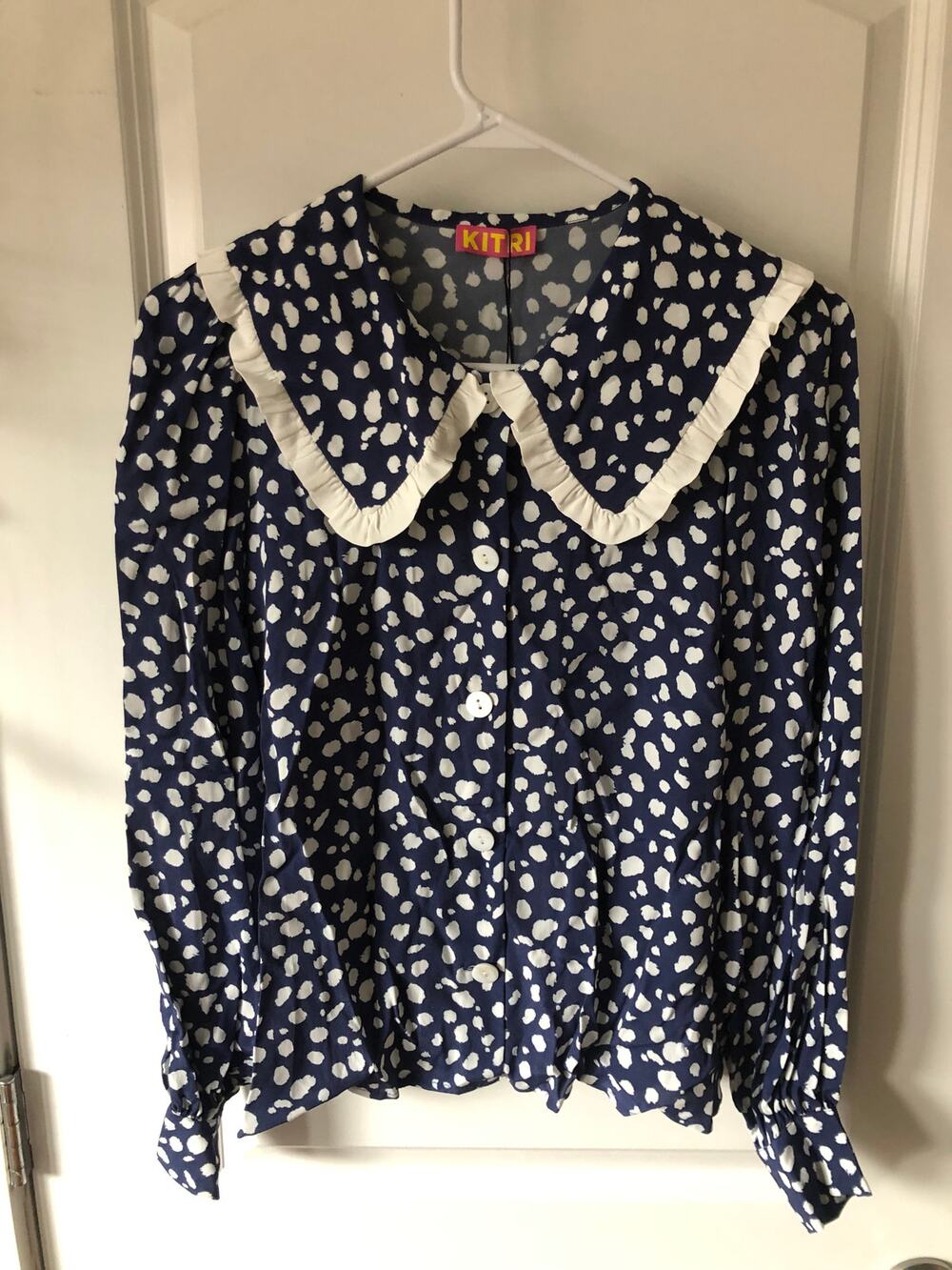 Kitri Laura Women's Top Navy White Animal Spot Frill Collar UK 6 US 2 NWTs $140